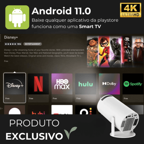 Projetor Portátil 4K com AndroidTV, Wi-Fi e Espelhamento de Tela